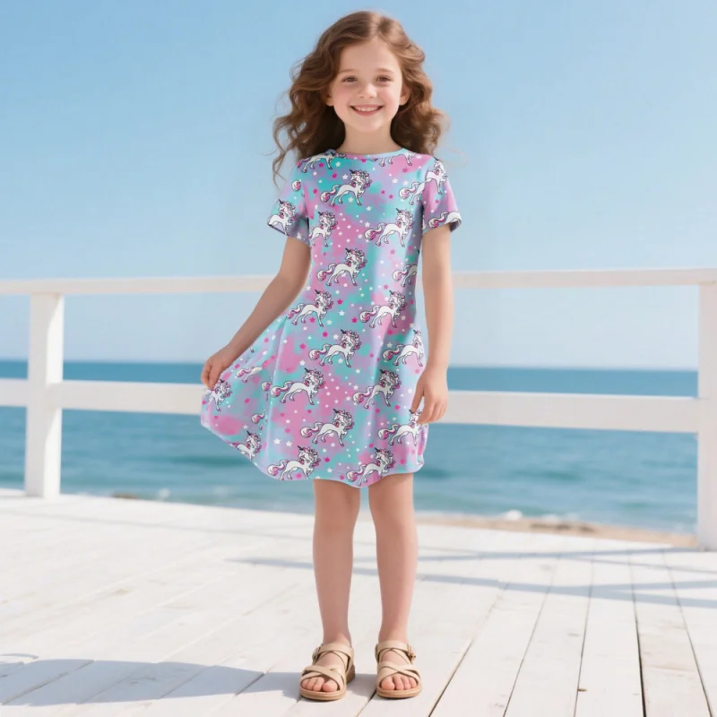 

Hot Sale 2025 Girls Unicorn Print Dress, Summer Short Sleeve Cartoon Casual Beach Party Kids Dress