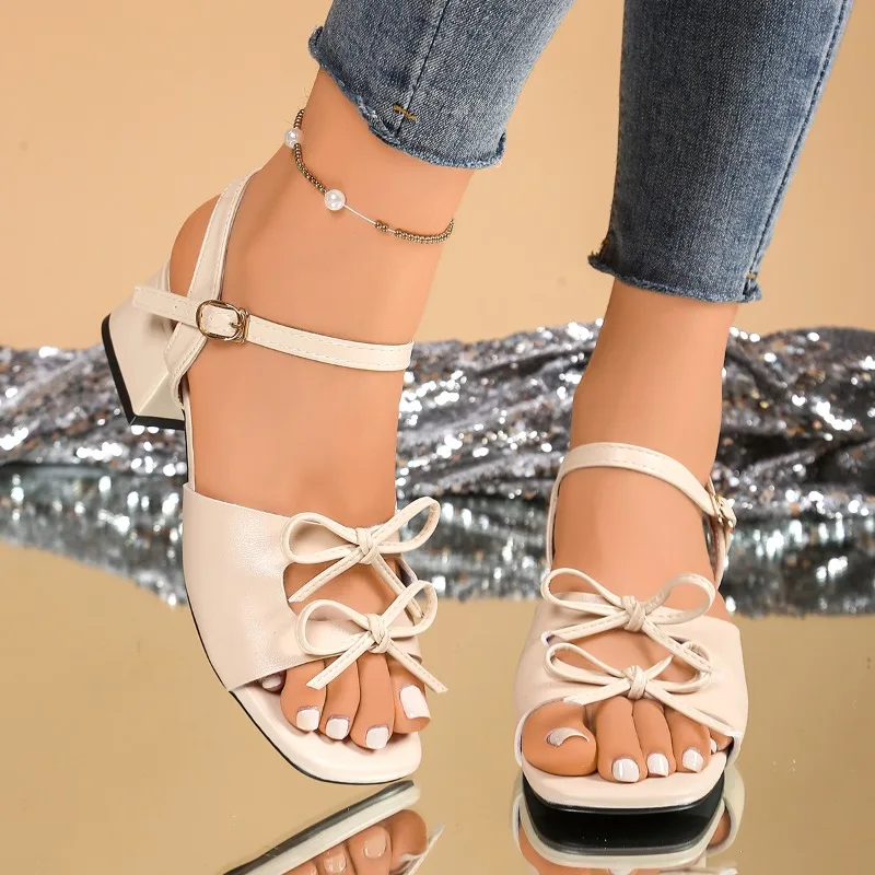 

New Summer Women's Comfortable and Elegant Casual High Heel Sandals Women Fashionable Bow Embellishment Thick Heeled Sandals
