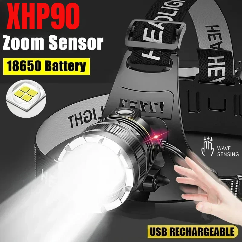 1000000LM LED Headlamp XHP90.2 Headlight Use 2*18650 battery Flashlight USB Rechargeable Head Lamp Fishing Camping Head Torch