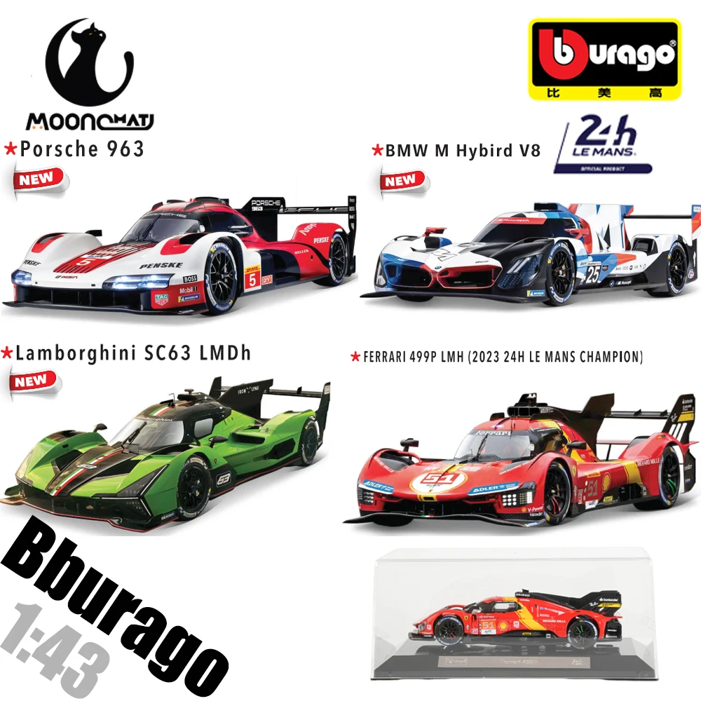 

1:43 Bburago Ferrari 499P Dust Cover 24h Le Mans Rally Champion Porsche 963 BWM M Hybird V8 Lamborghini SC63 Die Cast Car Model