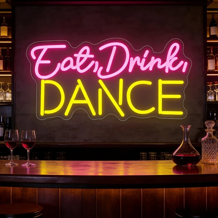

LED Neon Sign Eat Drink Dance LED Wall Art Night Light USB Rechargeable Party Bar Pub Home Decor Aesthetic Room Setup Gift