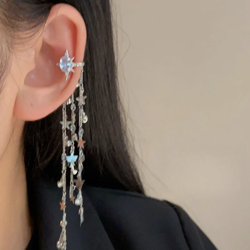 Sparkling Star Long Tassel Clip Earrings for Women No Piercing Needed Light Luxury Premium Hypoallergenic Daily Versatile