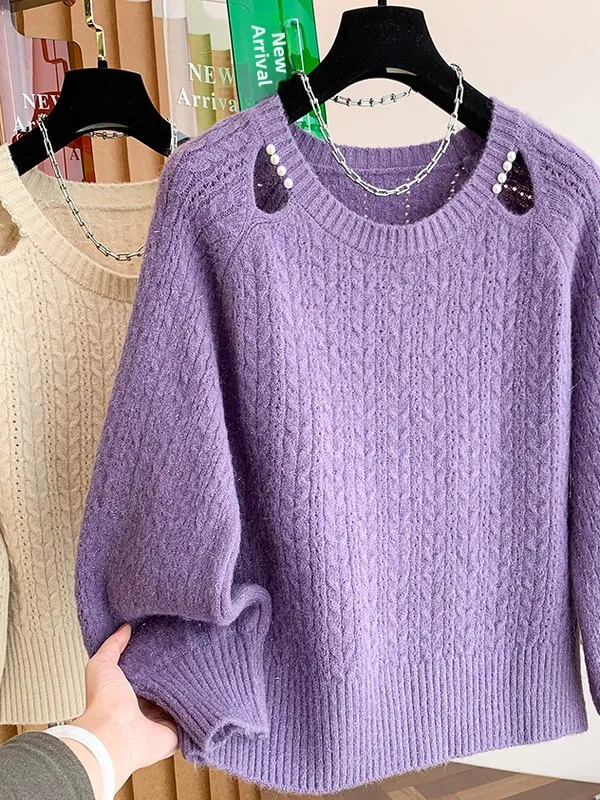 Damen-Pullover, locker gestrickt, ausgehöhlt, mit Perlen verziert, weich, gemütlich, Lazy Sle, Innenbekleidung, Herbst und Winter