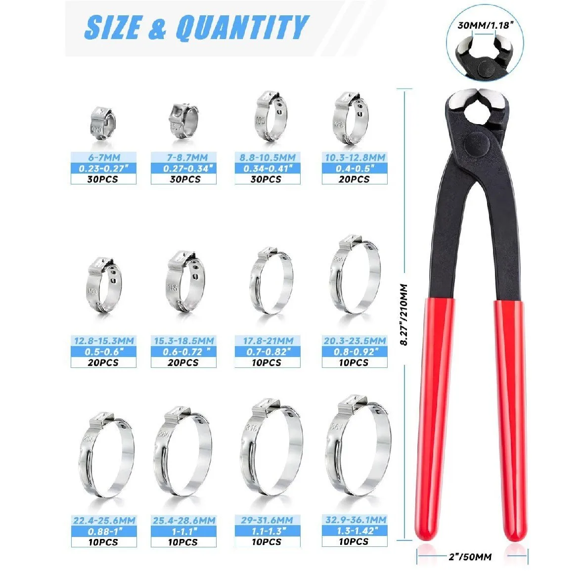 210PCS 304 Stainless Steel Single Ear Hose Clamp Assortment Kit 12 Sizes 6-36.1mm Cross Border