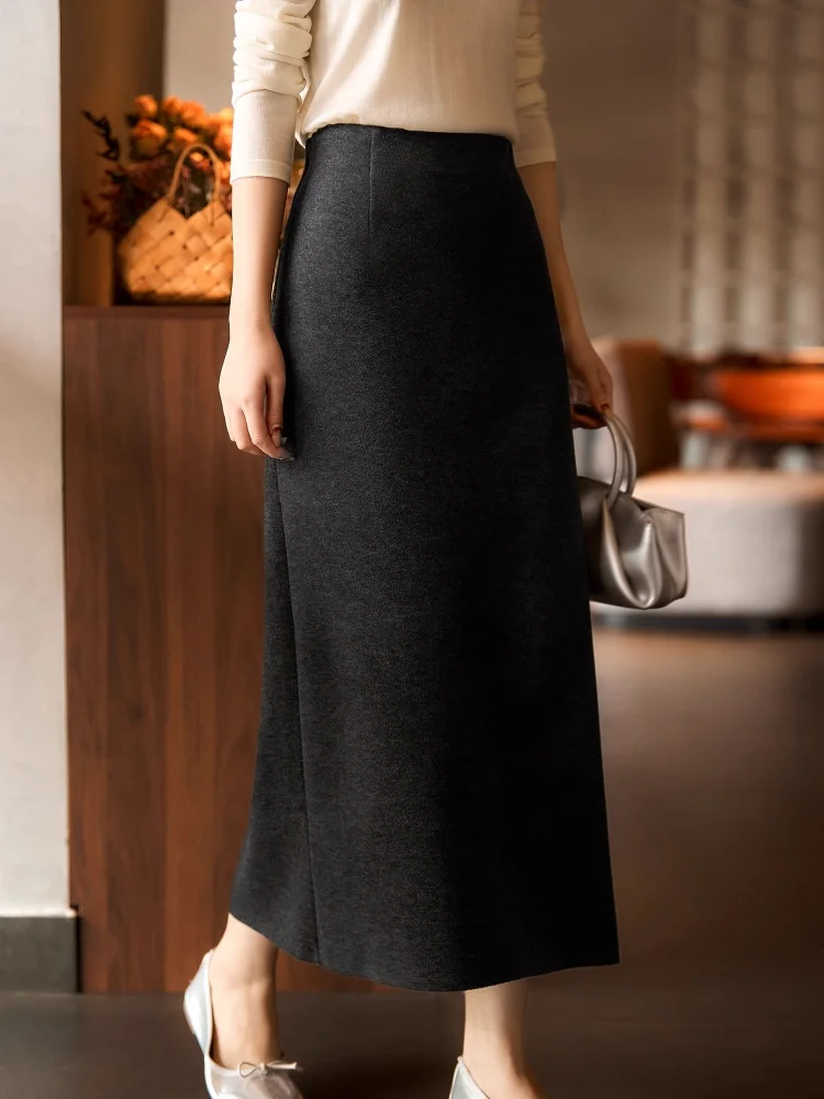 Birdtree, Kaschmir-Mischrock für Damen, elastische Taille, modische, lockere Röcke, hinten geschlitzt, Pendler-Stil, 2025 Herbstneu D5D602JF
