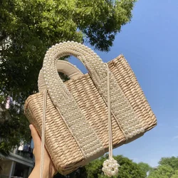 Sommer Strand Stroh Tasche Große Tote Körbe Design Perlen Wicker Woven Schulter Taschen Luxus Mode Perlen Rattan Frauen Handtaschen