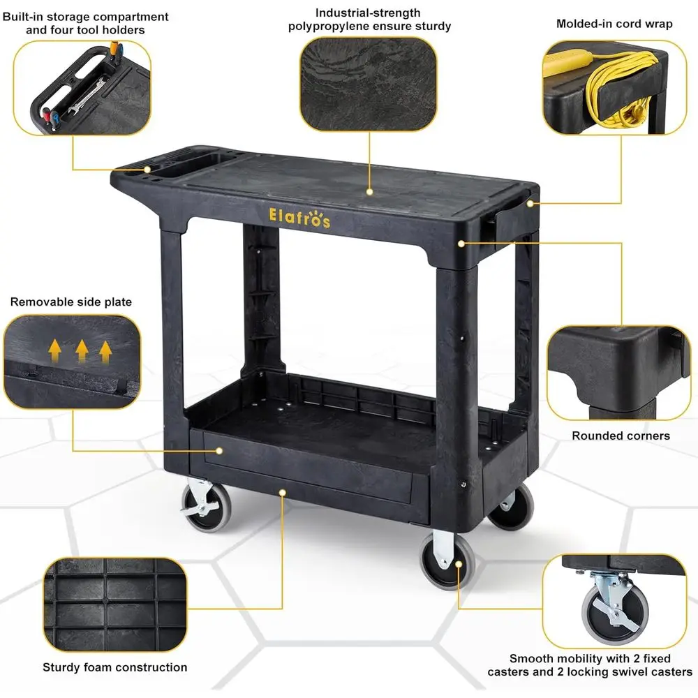 Sturdy 2-Tier Plastic Utility Cart, 37x18.8 Flat Top, 550 lbs Capacity, Swivel Wheels for Warehouse & Garage Use