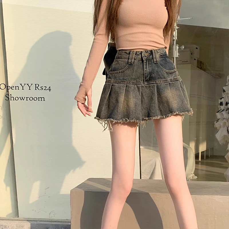 Spice Girls retro do old pleated denim bustier skirt female high waist thin a word anti-glare package hip short skirt super