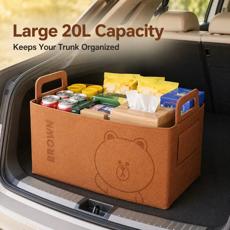 Large Foldable Felt Storage Box 20L Cute Bear Car Trunk Organizer with Handles for Snacks Toys Groceries and Home Essentials