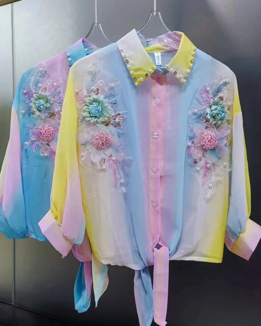 Blusas con protección solar de gasa de arcoíris y flores de estilo lujoso, camisas para mujer, ropa de calle, Tops cortos de verano, ropa Popular coreana
