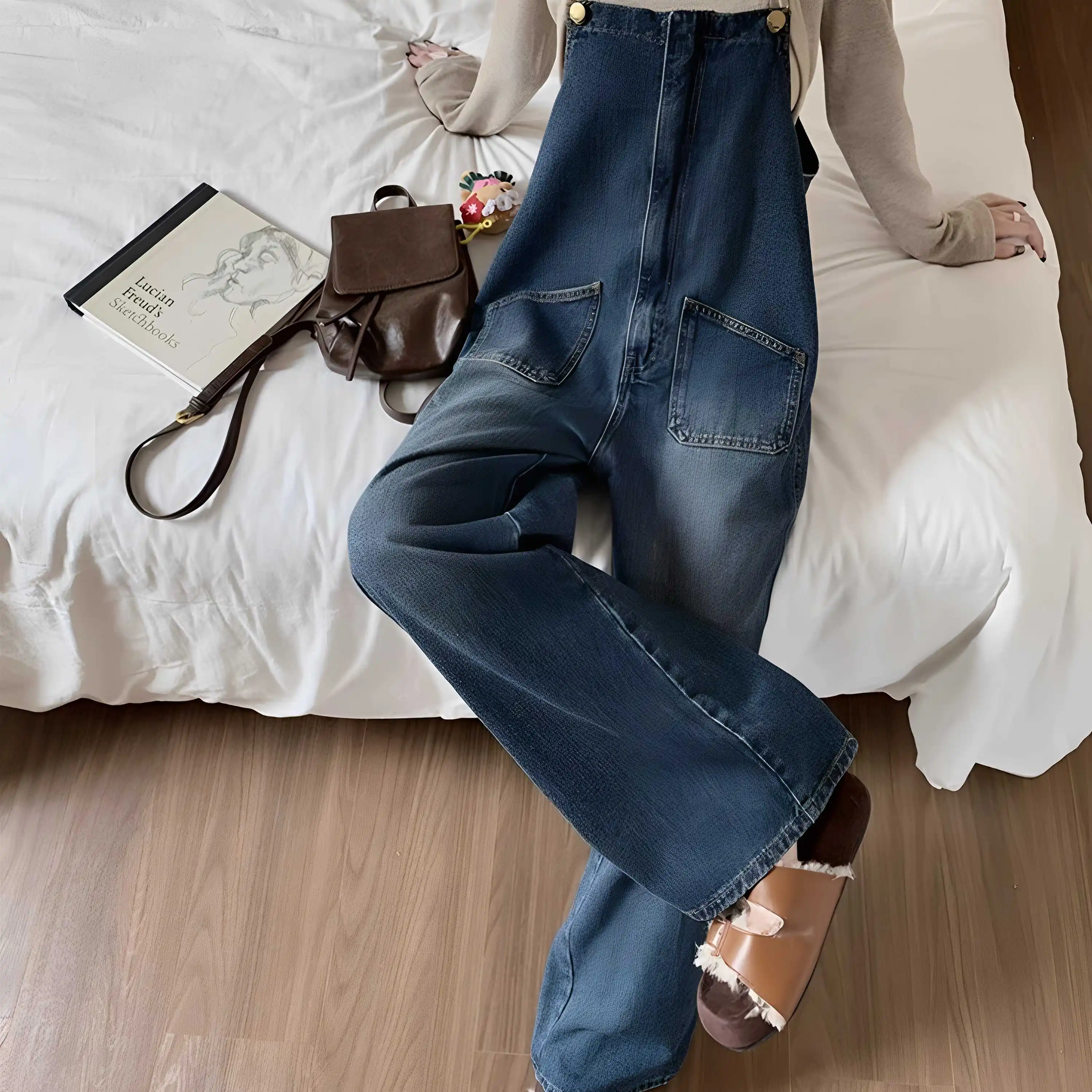 Denim Strap Pants for Women Summer New Aging Reduction Straight Jeans Loose High Waist  Wide Leg Pants Big Pocket Jumpsuits