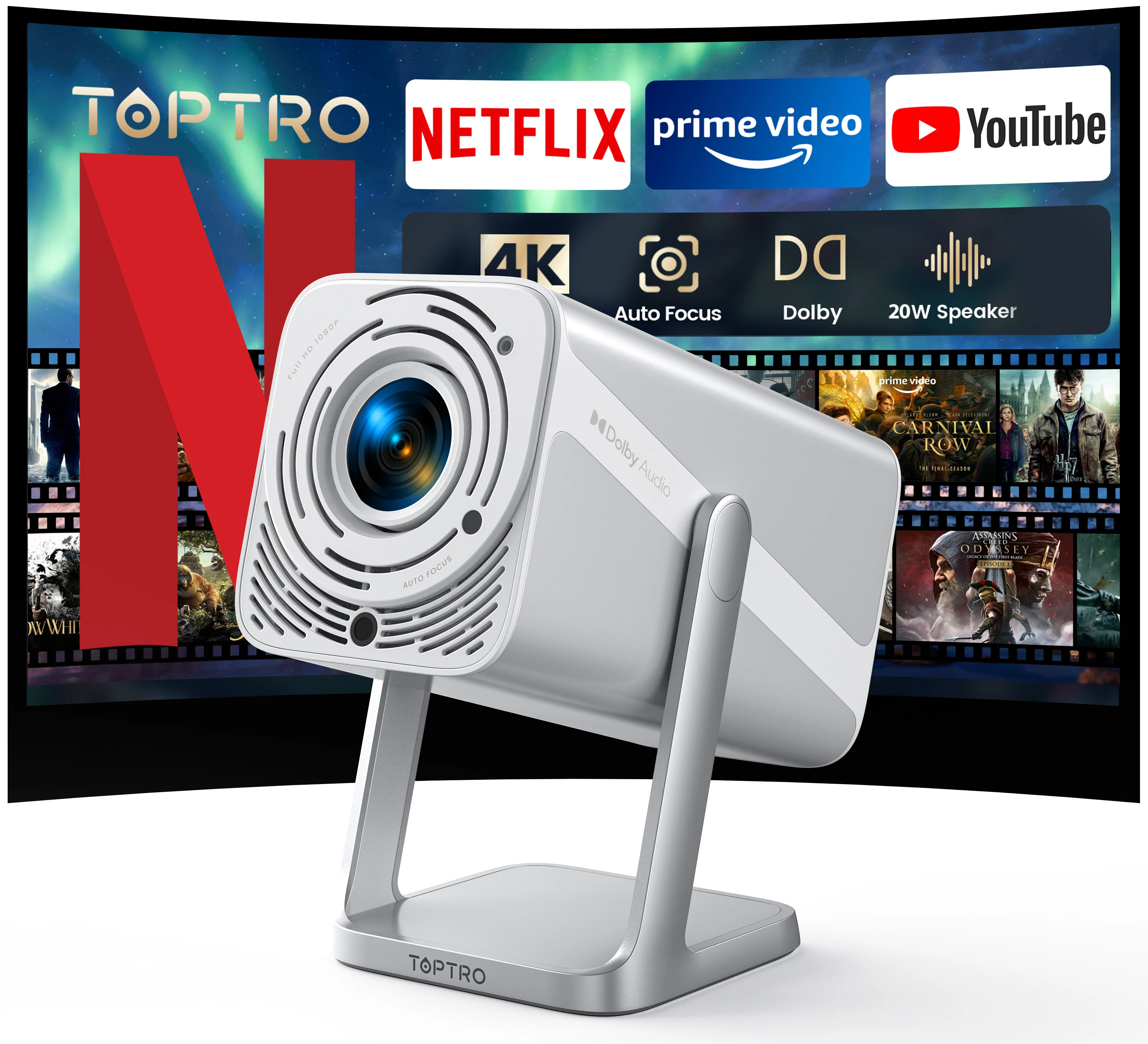 

TOPTRO Mini Projector 4K 800Ansi Support FHD Auto Focus K360° Rotable Portable Projector Wifi6 BT5.2 1080p Home Theater