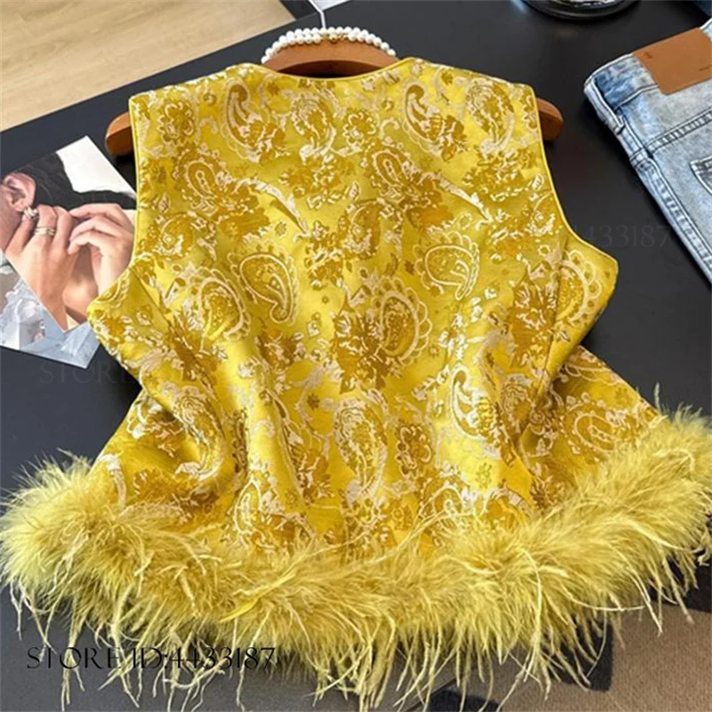 New Chinese Style Cheongsam Vest Jacket Traditional Chinese Hanfu Tang Style Top Retro Brocade Jacquard Feathers Qipao Waistcoat