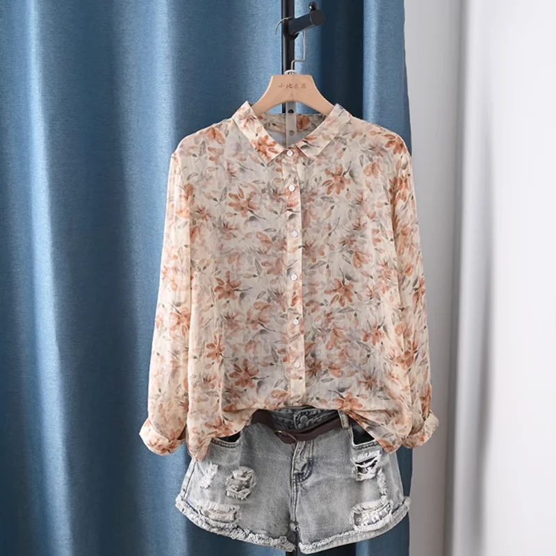 

100% льняные рубашки и блузки для женщин, корейская мода, топы с длинными рукавами и принтом листьев, дизайнерская роскошная женская одежда