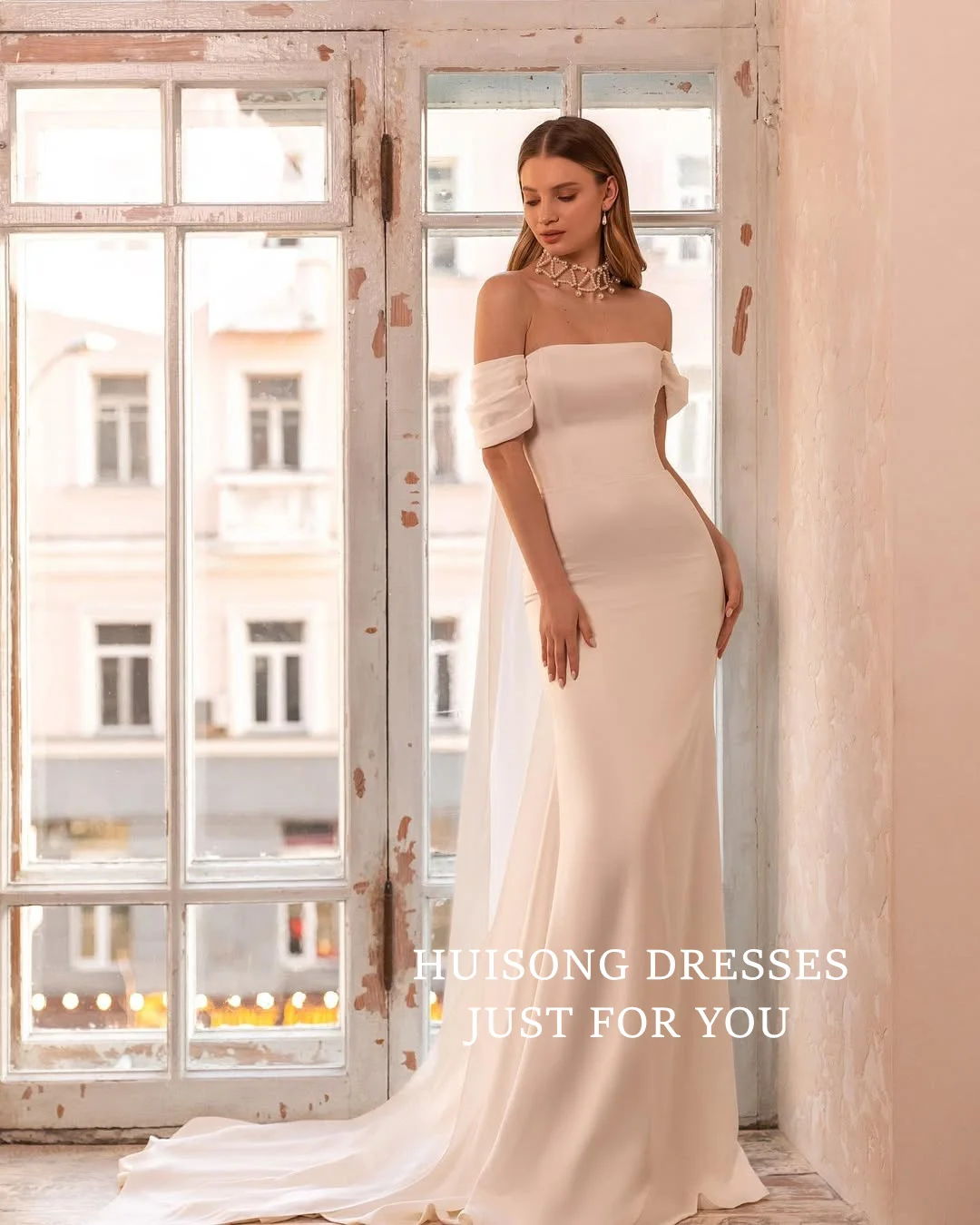 

HUISONG Customized Simple Satin Mermaid Wedding Dresses Off the Shoulder Beach Bridal Gown vestidos de novia