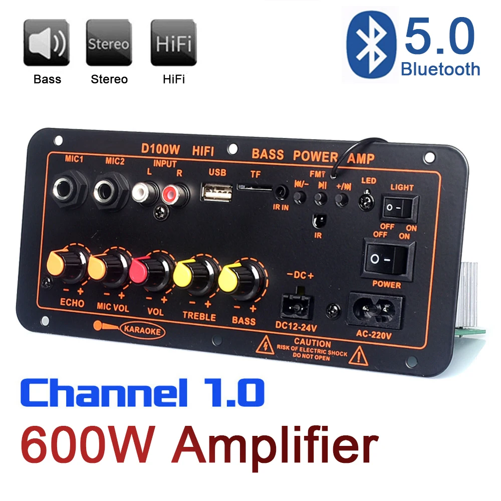 블루투스 5.0 오디오 앰프 보드, 듀얼 마이크, 서브우퍼 앰프 모듈, HIFI 스테레오 파워 앰프, D300, DC12V, 24V, 1CH, 600W