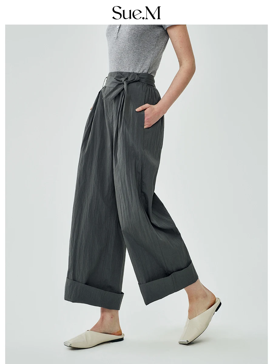 

SueM Textured Loose Wide Leg Pants High Waist Design Women's Summer Commute Long Trousers Cotton Blend Asymmetric Sle