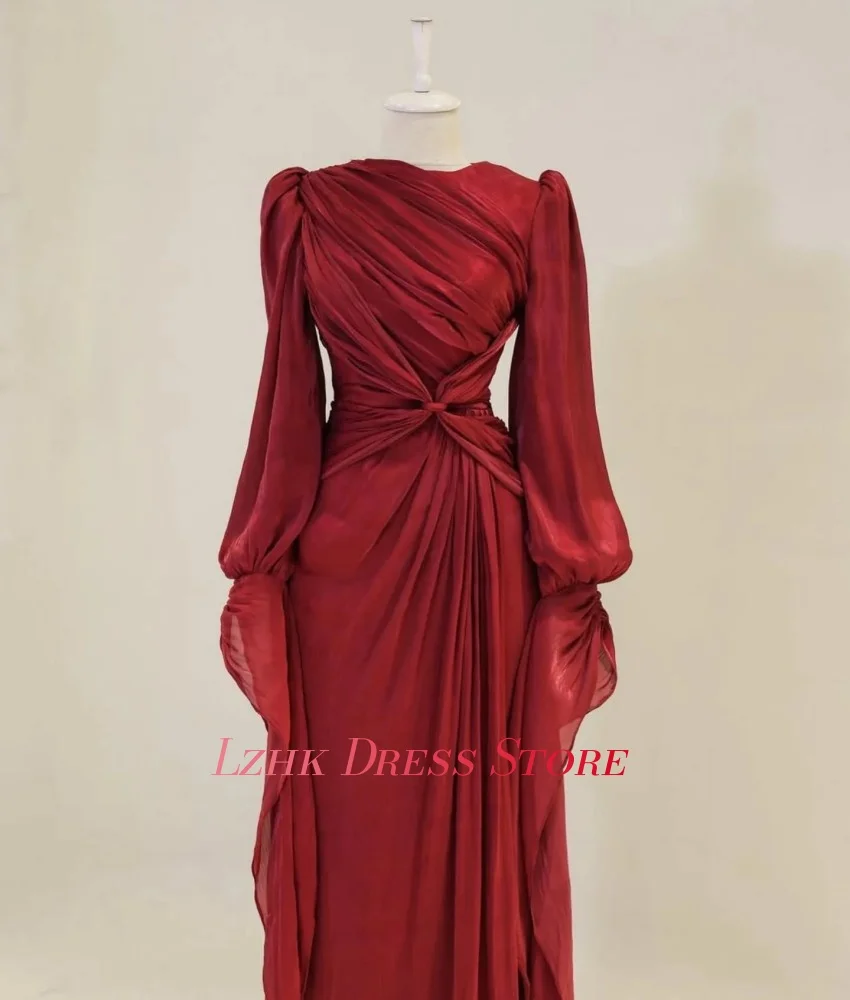 Customized Formal Chiffon A-Line Evening Dress High Quality Long Sleeves O-neck Floor Length فستان سهرة نسائي