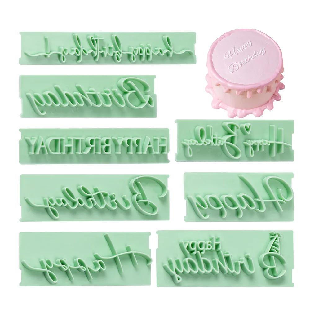 8PCS Best Wishes Cutters Set DIY Handprinting Letters Stamp Happy Birthday Cake Decor Blessings Printing Mold