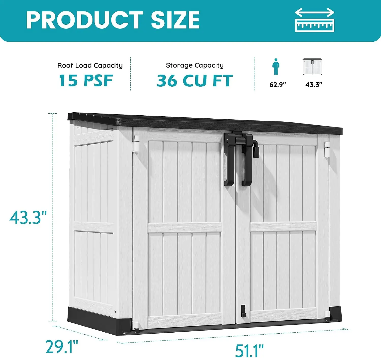 Armário de Armazenamento Horizontal Externo com Portas Duplas com Fechadura, Caixa de Armazenamento Portátil à Prova d'Água, Galpão de Armazenamento de Resina Plástica Resistente para Quintal, Jardim, Deck, Quintal, Preto