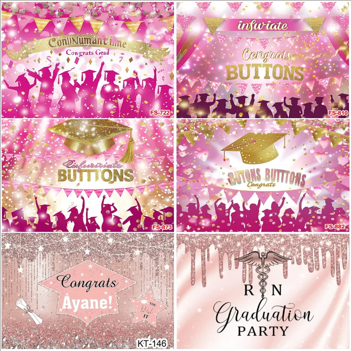 

Congrats Buttons Bachelor Hat Graduation Ceremony Poster Backdrops Photographic Pink Golden Glitter Shiny Backgrounds Banner