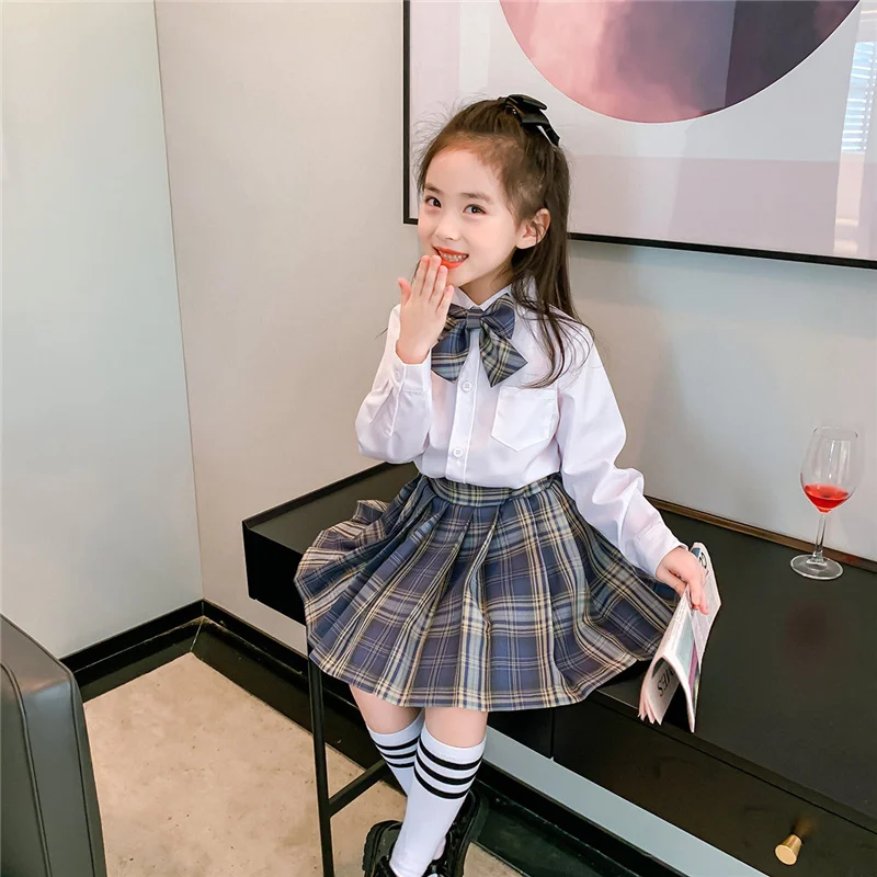 Japenese Style Baby Girls School Uniform Suit Children Kids Bow Blouses+Pleated Skirt Performance Clothes Kids Dance Wear Sets