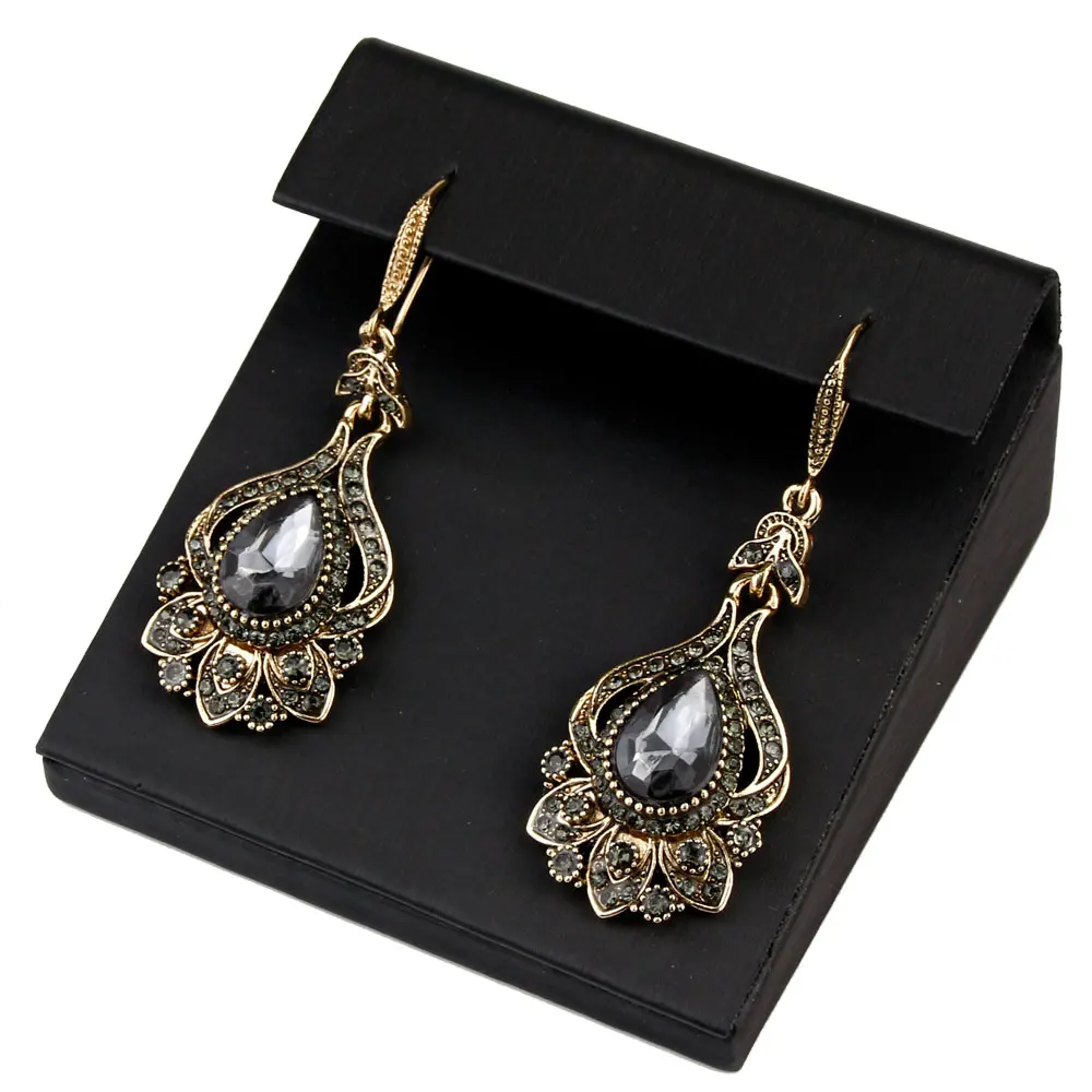 Sunspicems Luxury Boho Gray Crystal Earrings For Women Antique Gold Color Party Drop Earring Turkish Vintage Jewelry Bridal Gift