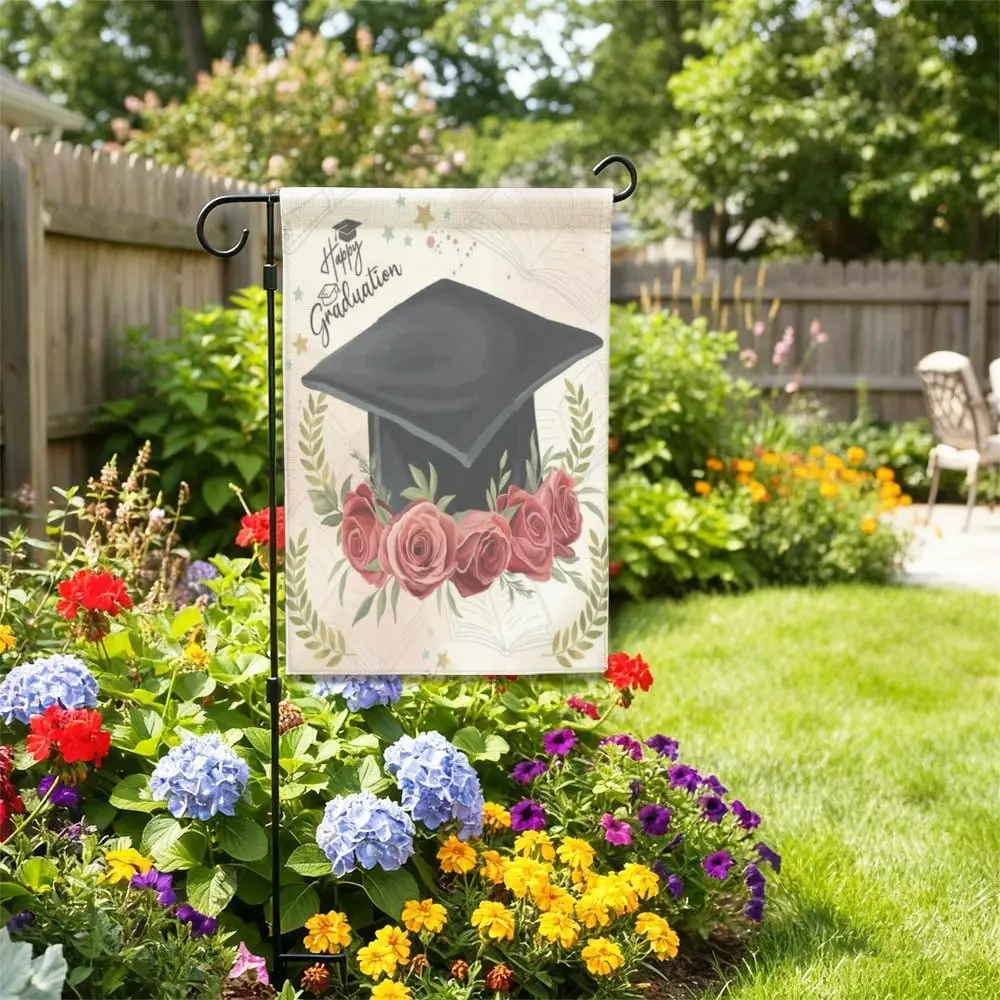 Congrats Graduation Garden Flags 12X18 Inch Double-Side Linen Garden Flag Hanger For Home Outdoor Yard Patio Lawn Decor Flag IIC