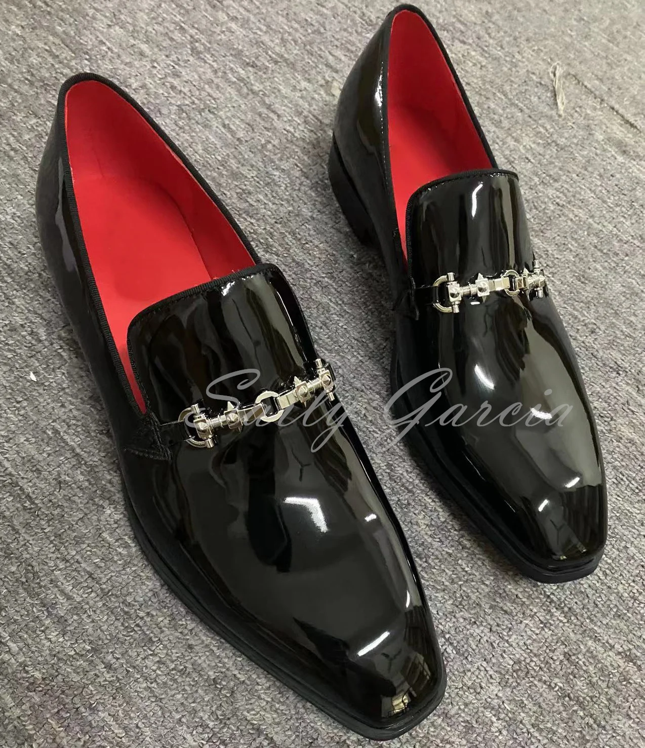 New Square Toe Metal Decoration Men Shoes Shiny Slip On Low Heel Solid Color Wedding Dress Business Black All Match Single Shoes