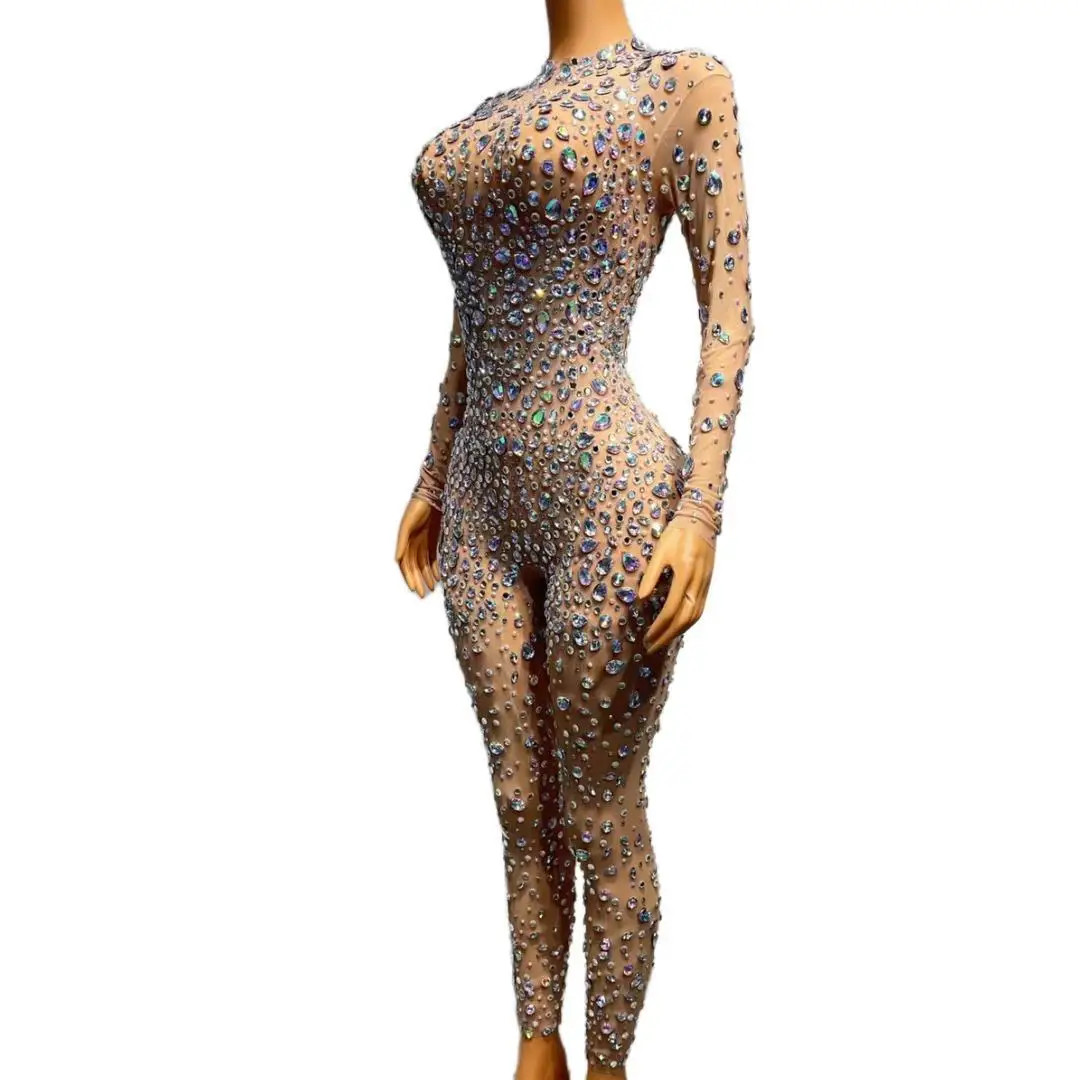 Luxury Sparkly Rhinestone Tight Fitting Jumpsuit Celebrate Party Outfit Stage Performance See Through Mesh Jumpsuit Mantianxing