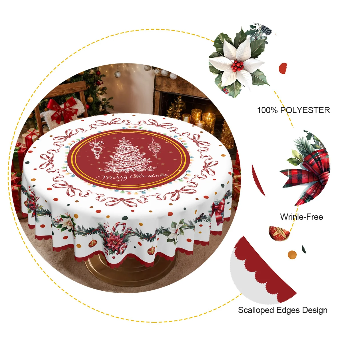 2D flat tablecloth 1 piece, Merry Christmas themed party tablecloth, buffalo checked bow Christmas tree pattern tablecloth