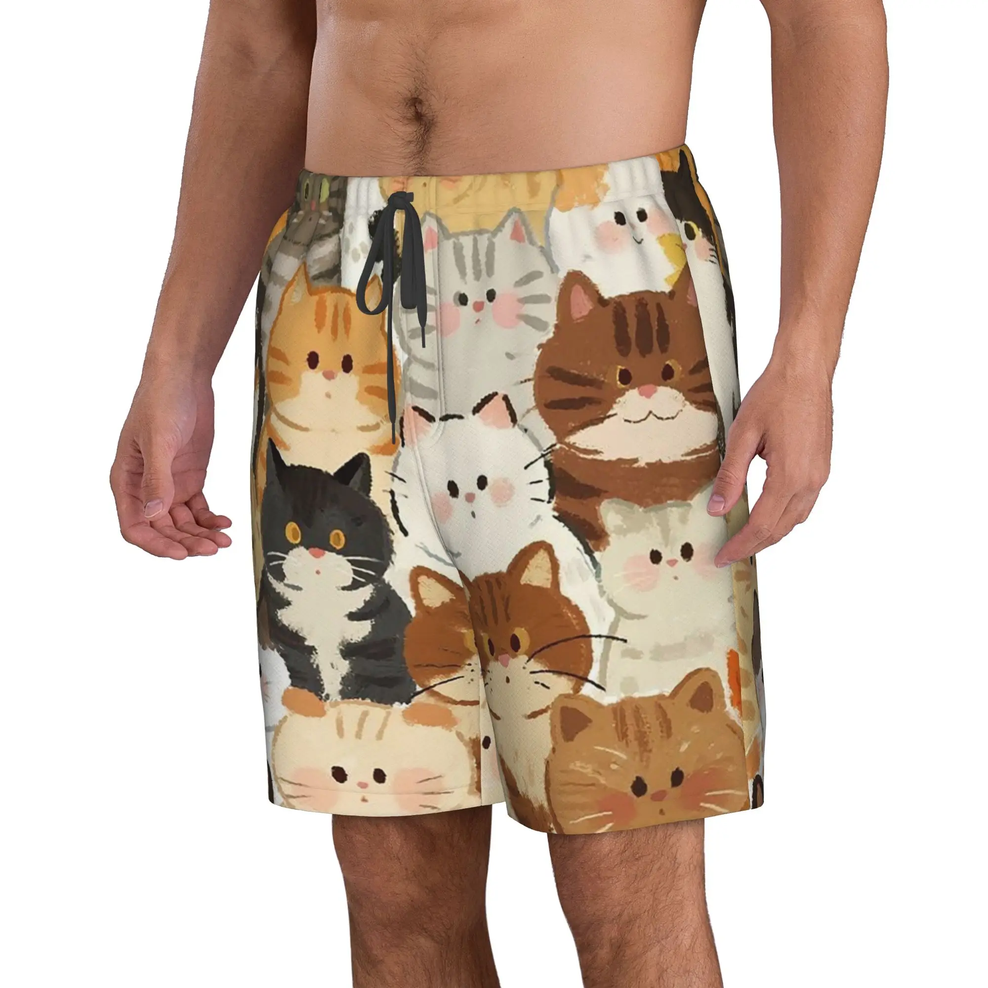 Colorful Cartoon Cats Pattern Trunks Beach Board Shorts Casual Quick Dry Swim Summer Men Pants