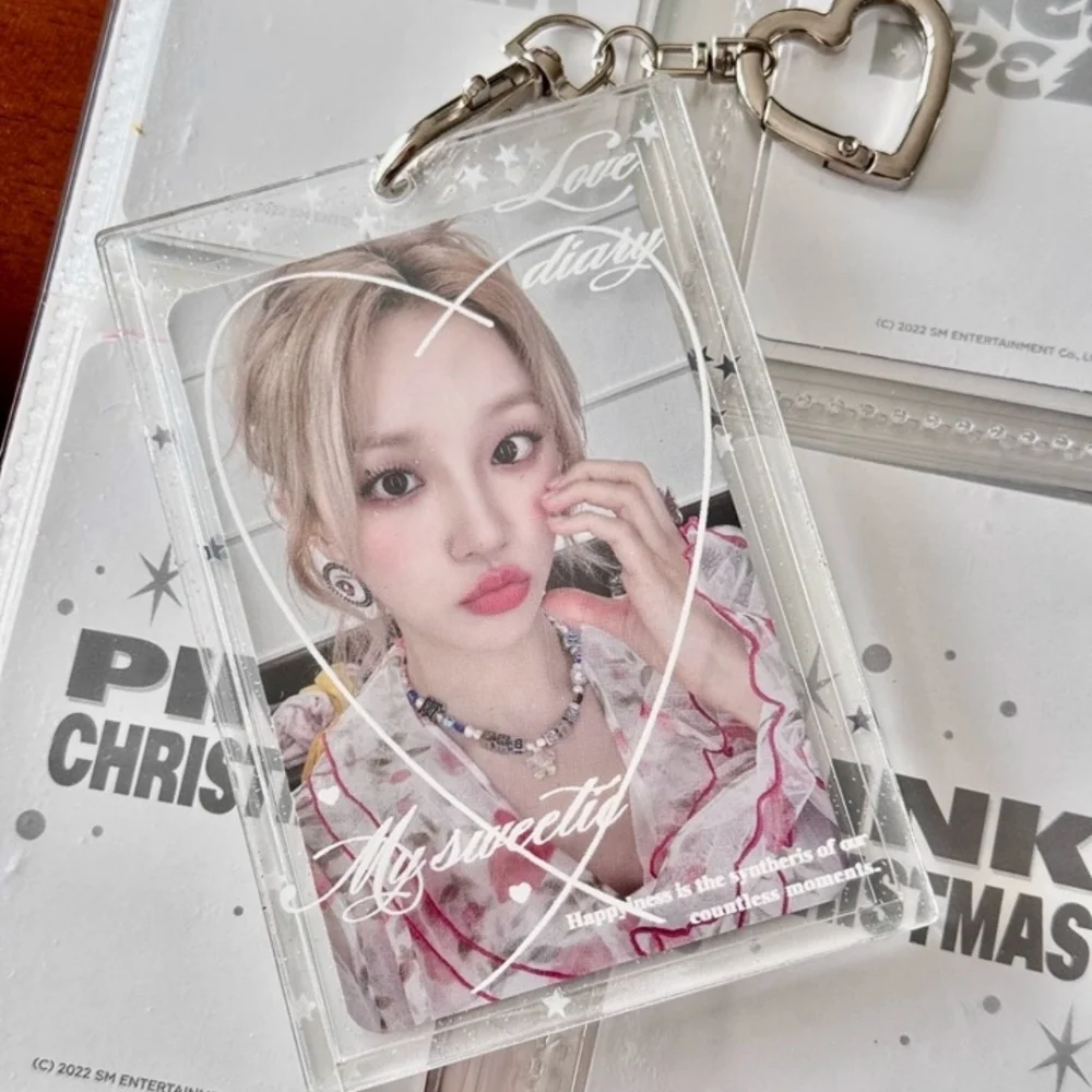Heart Glitter Acrylic Keychain 3-Inch Idol Photcards Polaroid Photo Protective Sleeves Kawaii Bag Pendant Photocard Card Holder