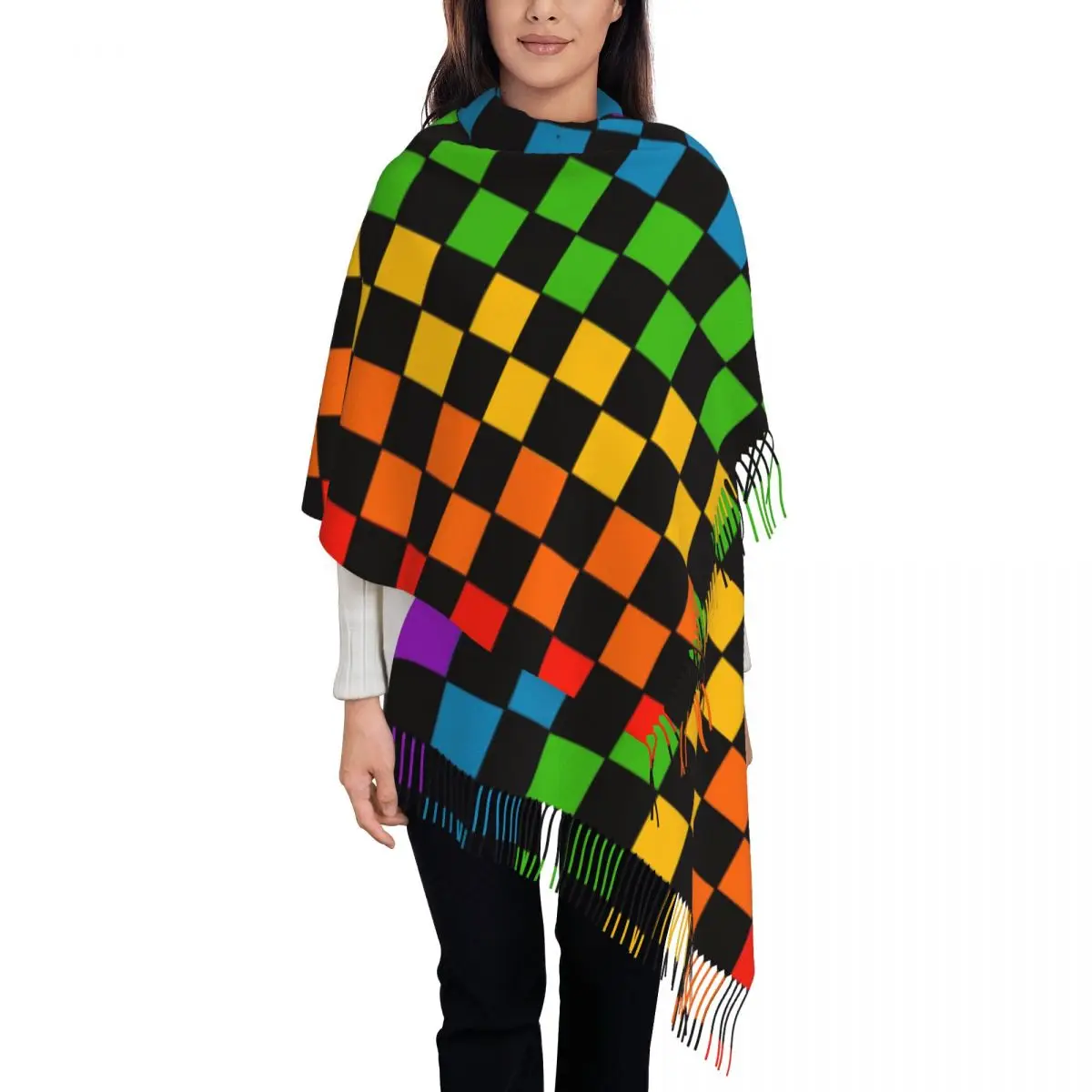 Custom Print Rainbow Checkerboard Checked Pattern Scarf Women Men Winter Fall Warm Scarves Shawls Wraps