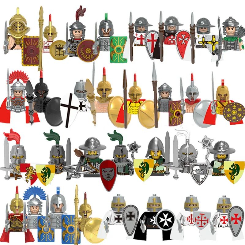 Military Building Blocks Medieval Times Roman Solider Figures Toys Adults Kids Gifts Weapons Sword Shield Helmet Cloak Halberd