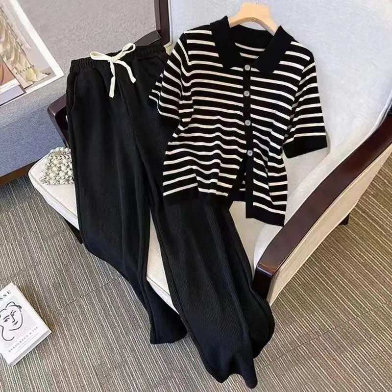 Spring and summer new women's set simple striped polo collar slit T-shirt top loose wide leg pants set