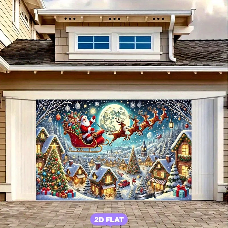 2D plan depicting Santa Claus riding a sleigh in a snowy village, featuring Rudolph and reindeer