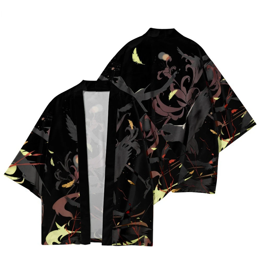 แฟชั่น Black Crow พิมพ์ Kimono 2022 Streetwear ผู้หญิงเสื้อถักผู้ชายญี่ปุ่น Haori Tops Beach Yukata คอสเพลย์เสื้อลำลอง
