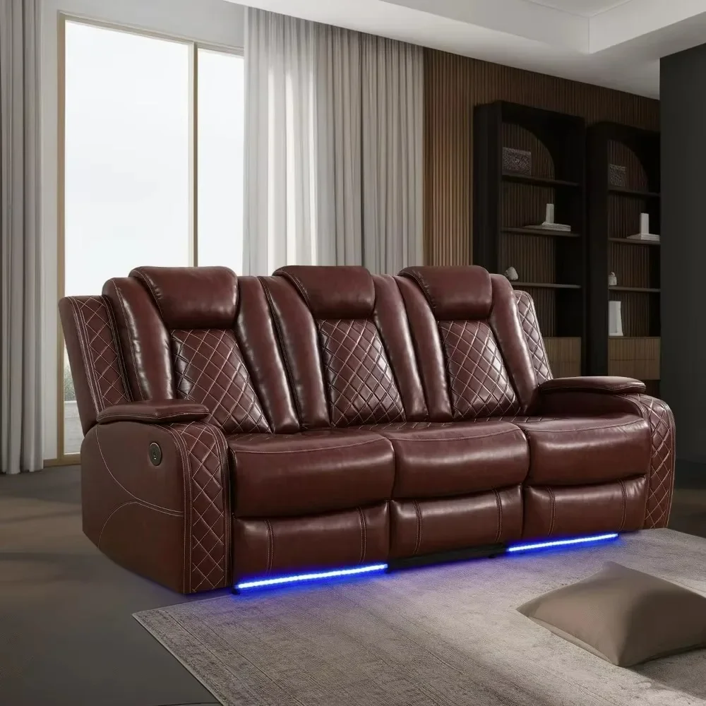 Sofa Kursi Daya Kulit dengan Lampu LED, Pengisi Daya Nirkabel/Port USB Meja Jatuh, Sofa Berbaring Ganda Daya Mewah 84"