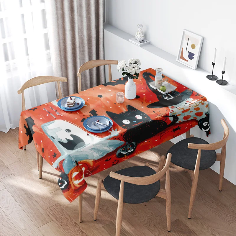 

Halloween-themed tablecloth featuring a spooky cat design with black cats and bats in red background perfect for Halloween decor