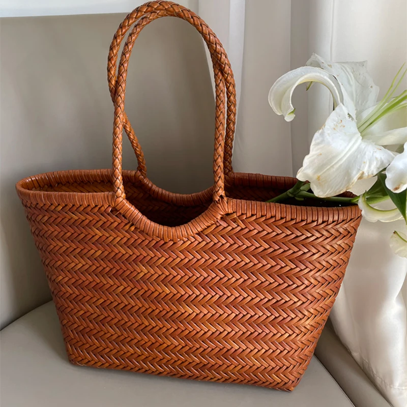 

dragon handmade cowhide woven bag women's summer french niche vegetable basket bag genuine leather satchel shoulder tote bag