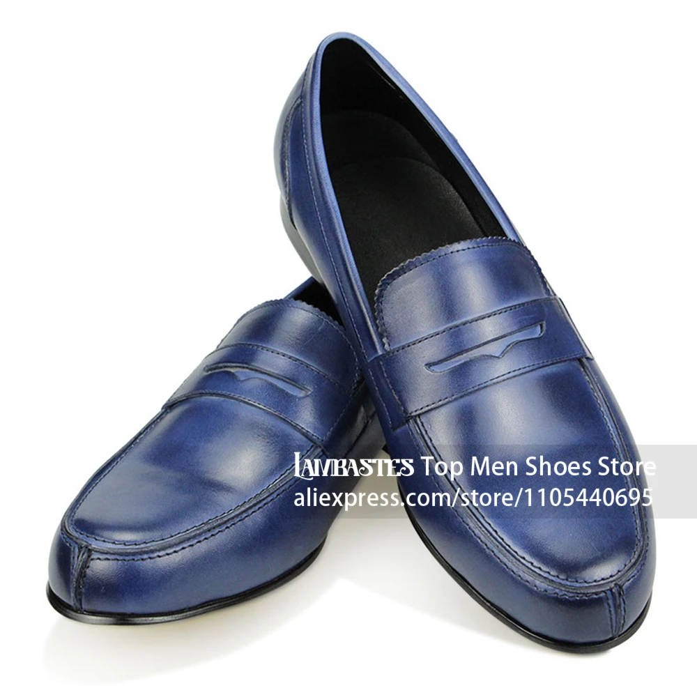 Classic Round Toe Business Casual Loafers Navy Blue Penny Loafers Almond Round Toe Formal Leather Shoes British Gentleman Shoes