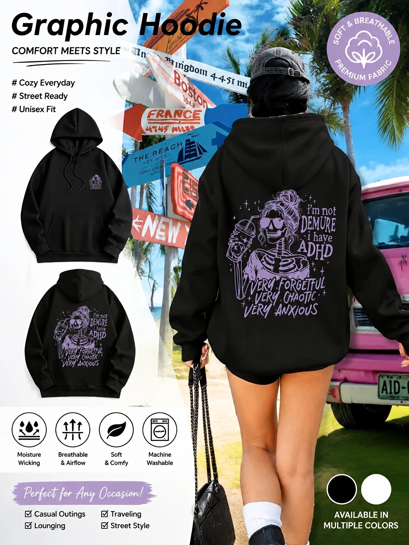 Unisex minimalist printed hoodie, comfortable and breathable, suitable for casual and outdoor activities, with humorous patterns