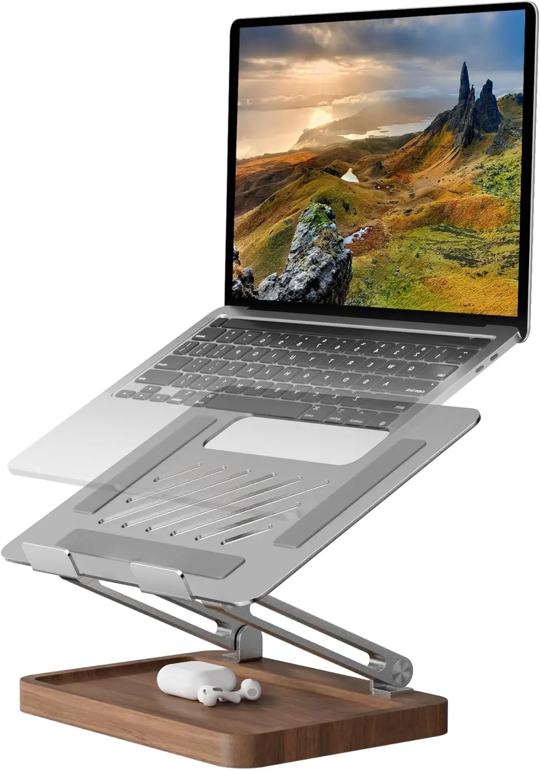 

Adjustable Wooden Laptop Stand with Ventilation and Storage Base, Ergonomic Design for 10-17.3 Inch Notebooks