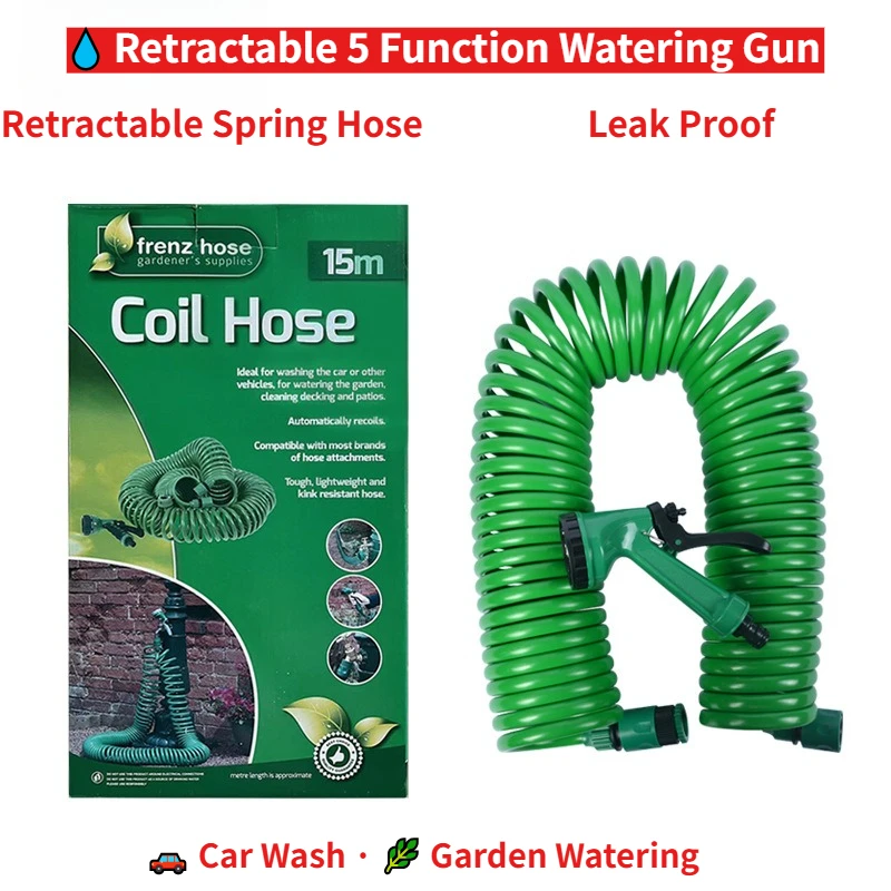 Adjustable hose Retractable Garden Watering Gun - 5 Function Hose Nozzle Spring Coil Hose for Car Wash Plant Watering