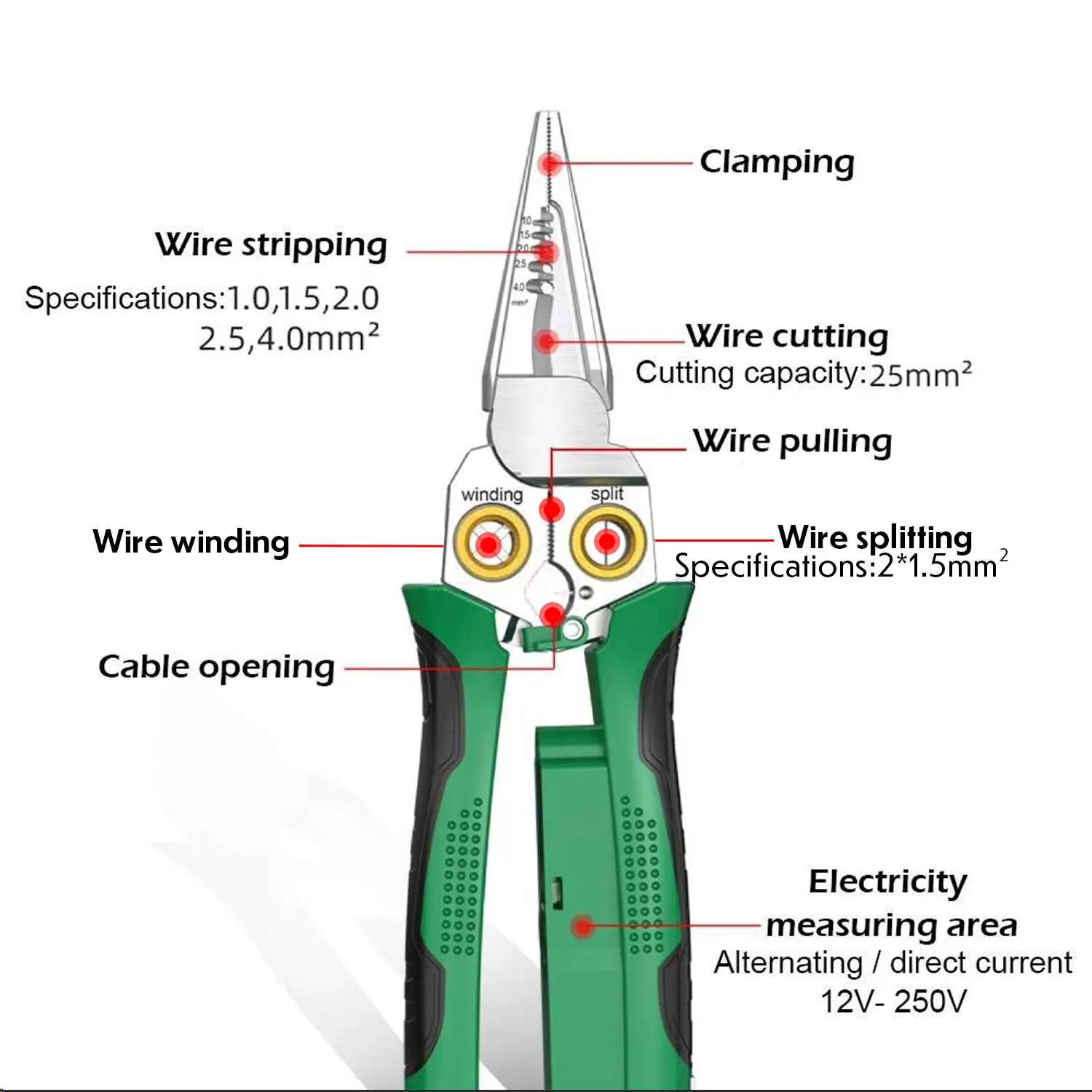 8 in 1 Stainless Steel Wire Stripper, Multifunction Needle Nose Pliers with Voltage Tester, Non Slip Wire Cutter