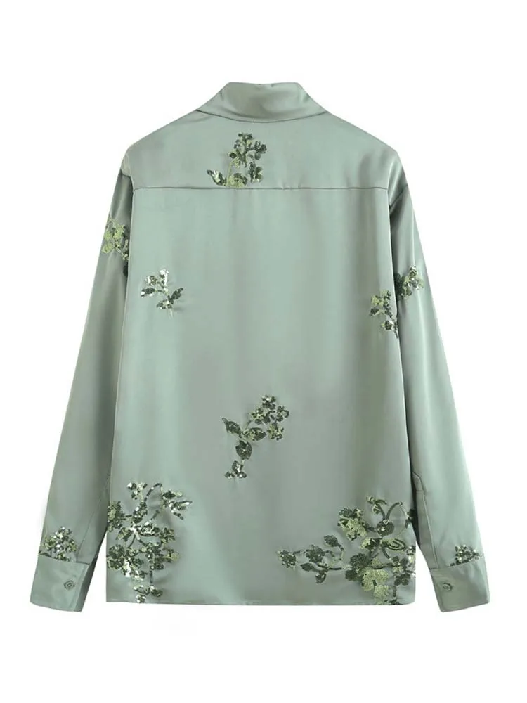 Imagem -05 - Ineko-camisa de Cetim de Lantejoulas Feminina Blusa Manga Comprida Calça Comprida com Elástico na Cintura Terno Verde Luxo Primavera Verão 4t005 2023