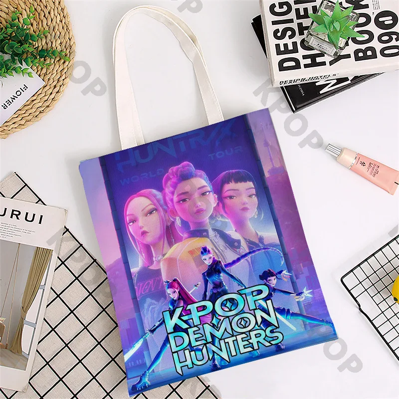 K-POP 데몬 헌터스 헌트릭스 사자 보이즈 양면 토트백 - 애니메이션 만화 숄더백 대용량 쇼핑백 선물