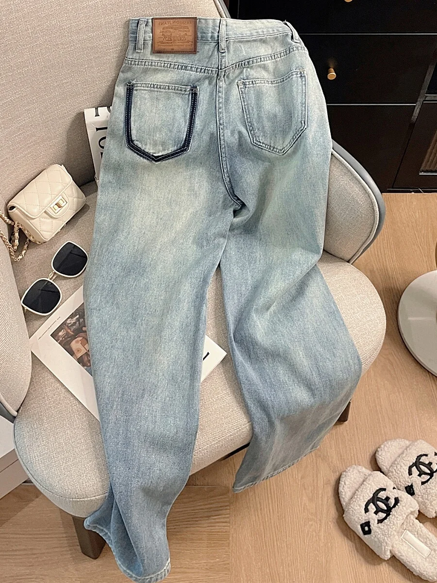 

High Waist Straight Leg Slimming Wide Leg Harem Jeans Women's Denim Pants Pocket Detail Color Block Design Fashionable Ladies