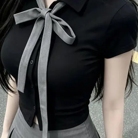 Korean 2 Piece Sets Short Sleeve Black Crop Tops A-line Pleated Mini Skirt Outfits Preppy Style Fashion Summer Cute Skirts Suit